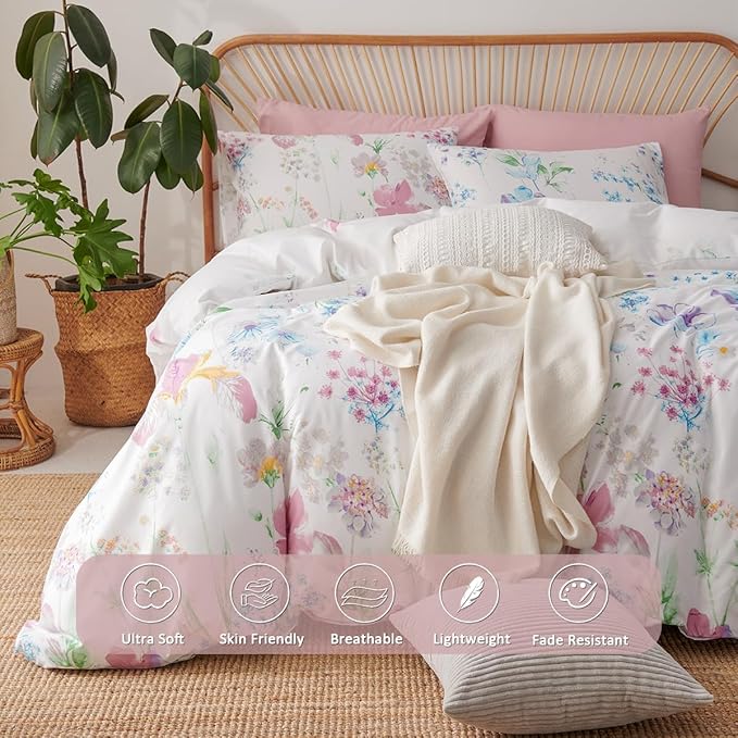 Floral Comforter Set Queen Size - 3 Pieces Lilac White Floral Comforter Bedding Sets Reversible Pattern,Queen Bed in a Bag with Flowers Comforter and 2 Pillowcases