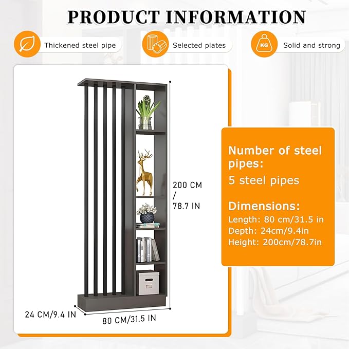 Wall Room Divider with Shelves, Freestanding Modern Wood + Metal Room Divider Screen with Storage Cabinet, Black, 1 Panel, L 31.49.478.7in