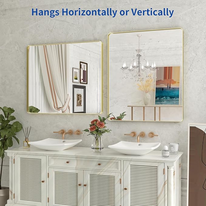 WEER Gold Bathroom Mirror, 36X30 Inch Brushed Gold Metal Frame Mirror, Rounded Rectangle Gold Bathroom Vanity Mirror for Wall, Tempered Glass, Anti-Rust, Hangs Horizontally or Vertically