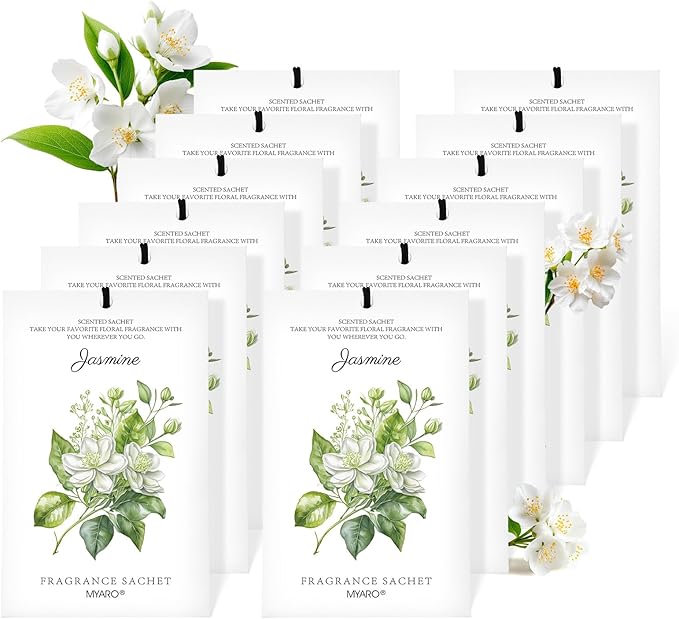 MYARO 12 Packs Jasmine Scented Sachets for Drawer and Closet, Long-Lasting Air Freshener Sachets Bags Drawer deodorizers Fresh Scents, Home Fragrance for Lover