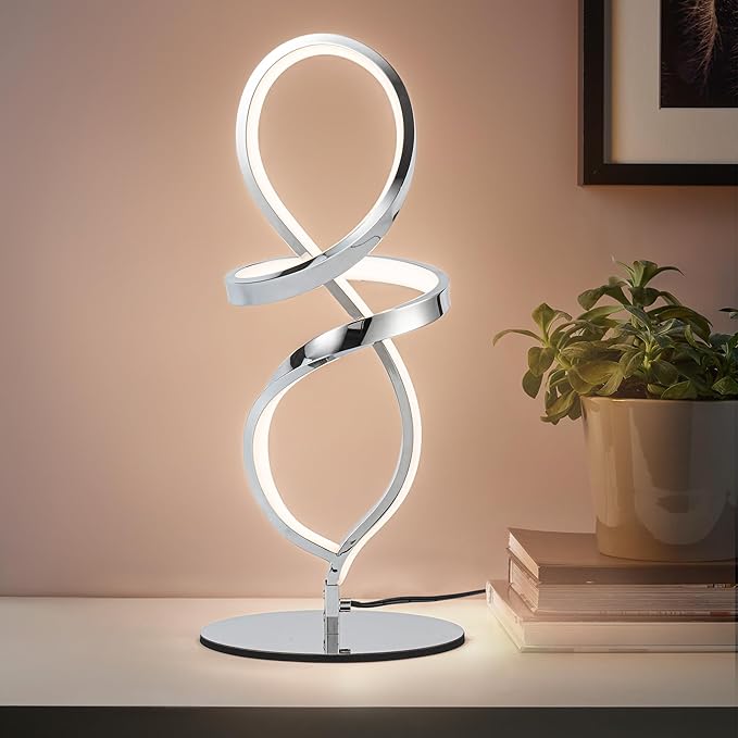Mayful Modern Table Lamp with LED Spiral Design, Bedside Lamp with Stepless Dimming Switch, Contemporary Nightstand & Chrome Table Lamp for Bedroom, Living Room, Home Office, 12W 3200K Warm White