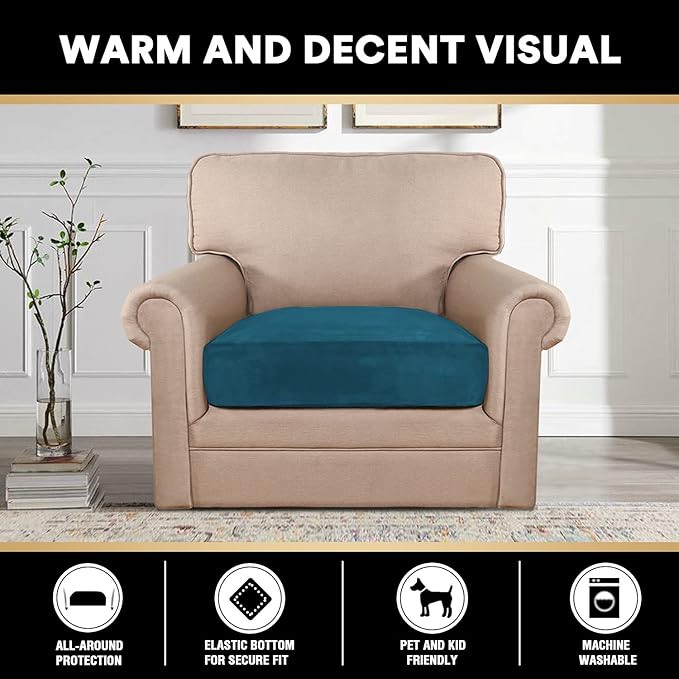 PrinceDeco Couch Cushion Cover Cushion Slipcover for Chair Sofa Cushion Furniture Protector Seat Cushion Sofa Cover for Dog Pet Kid with Elastic Straps Width Up to 29.5", Deep Teal