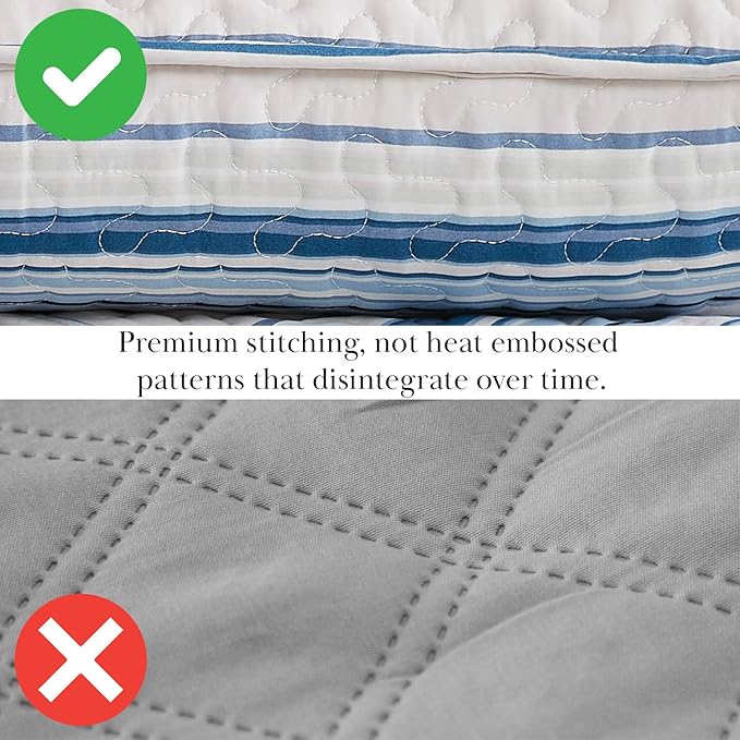 Southshore Fine Living, Inc. Oversized Queen Quilt Set, Striped Blue/White Quilt Bedspread Queen/Full, 3-Piece Coastal Bedding Set with Lightweight Coverlet and Matching Quilted Shams, Blue Stripes