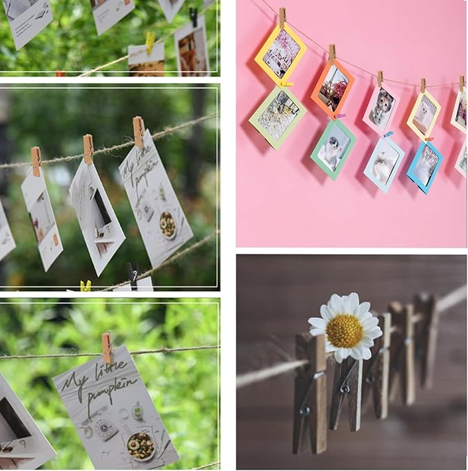Small Clothes Pins for Photos,100PCS Mini Wooden Clothes Pins with 328 Feet Jute Twine,1.4 inch Tiny Clothes Pins for Photos,Crafts,Hanging Pictures,Baby Shower,Clip Photo Holders