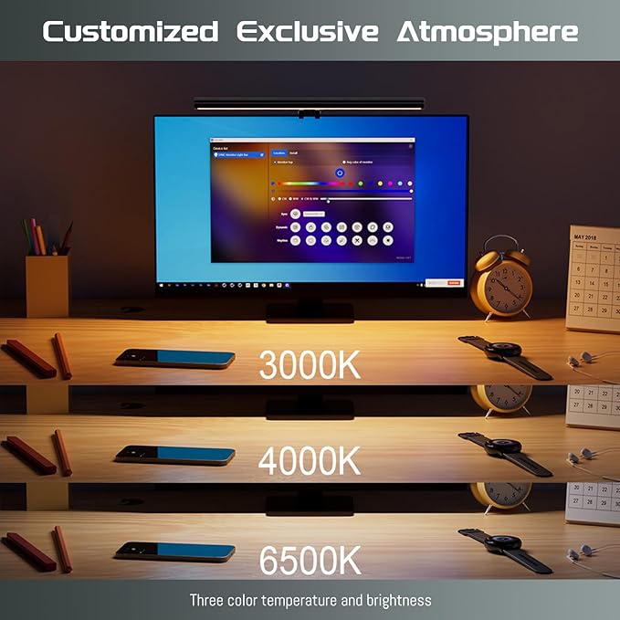 Monitor Light RGB Backlight with Software & Buttons Controls, Dual Light Bar Gaming Office Desk Lamp 15 Modes Dimmable 3 Color Temperature Adjustable No Glare Desk Lamp for Home Office Gaming