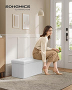 SONGMICS MAZIE Collection - 30 Inches Folding Storage Ottoman Bench, Ottoman with Storage, Foot Rest Stool, Load 660 lb, for Living Room, Synthetic Leather, White ULSF106