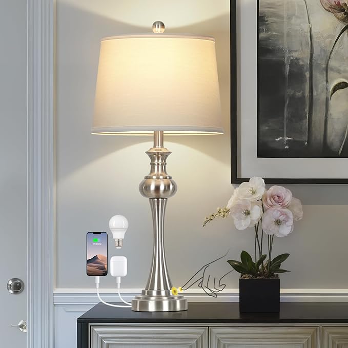 28.75" Silver Table Lamps for Living Room,Touch Lamps for Bedrooms Bedside Lamp 3-Way Dimmable Touch Control, Modern Silver Nightstand Lamp Fabric Shade Mid Century Accent Style（Bulb Inclued）