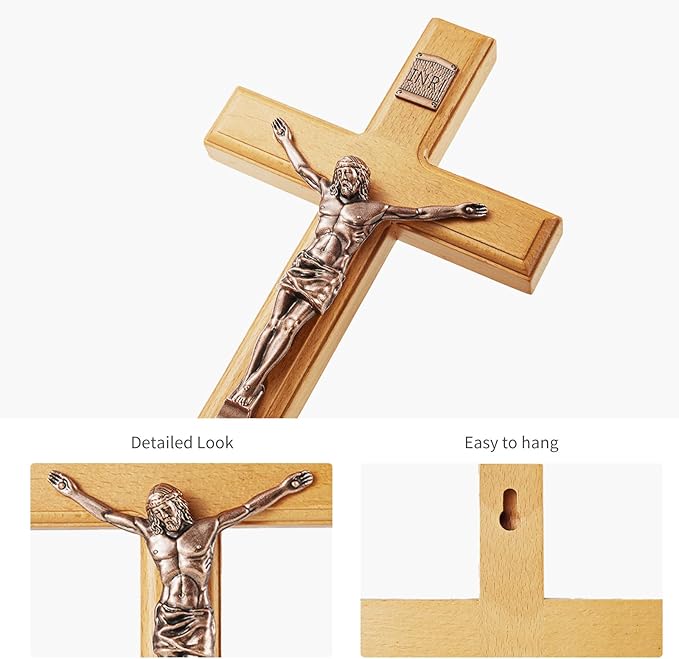 ACHIBANG Catholic Crucifix Wall Cross – 12 Inch Wooden Jesus Cross for Wall, Faithful Christian Cross Wall Gift for Prayer Room, Home, Confirmation or Easter