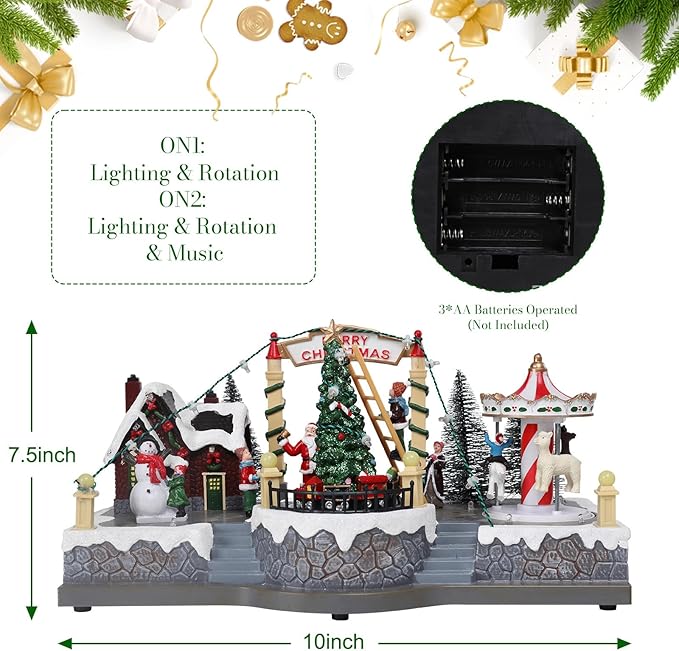 Vigdur Christmas Village Houses - Lighted Xmas Carousel & Rotating Train and 8 Xmas Songs, Christmas Animation Village Indoor Holiday Tabletop Decorations for Home Tabletop Gift