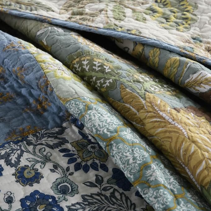 Cotton Bedspread Bedding Coverlet Quilt Sets, Reversible Vintage Branch Floral Bedspread comforters, (Rustic Sage Green Patchwork Pattern, King Size)