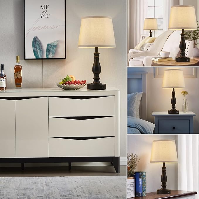 Lamps for Bedroom Set of 2,Touch Bedside Table Lamp with USB C+A Ports,3 Way Dimmable Nightstand Lamps with Round Fabric Linen Lampshade for Living Room Reading Bed Side End Table,Bulbs Included