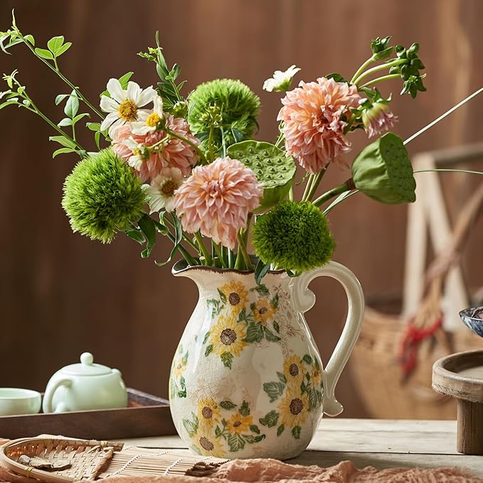 Levvohd Vintage Vase with Handle, 6 Inch Ceramic Pitcher Sunflower Floral Vases Decorative for Grandma Home Decor, Living Room Bookshelf Office Tuscan Decor (Small)
