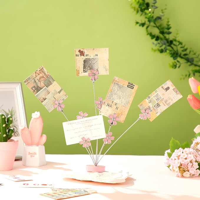 Tandefio Photo Tree Holder Clip, 8 Branch Money Family Tree Gift Card Holder with Clips Picture Frame Stand for Memo Paper Note Wedding Photo Display Office Decor(Pink)