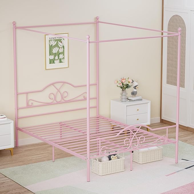 Weehom Full Canopy Bed Frame with Headboard and Footboard, Four-Poster Metal Canopied Platform Bed Mattress Foundation Underbed Storage Space No Box Spring Needed for Girls Adults Pink