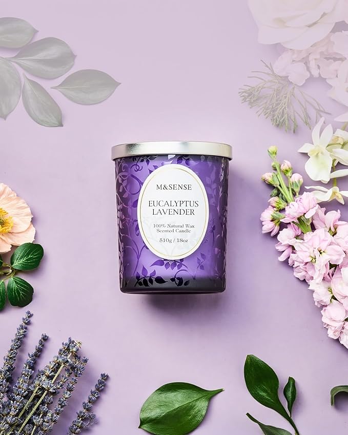 M&SENSE Eucalyptus Lavender Scented Candle, Cracking Wooden Wick Soy Wax, 18oz 100 Hours Long Lasting Clean Burn, Large Jar Candles for Home Decor, Non-Toxic Relaxing Aromatherapy Gifts for Women