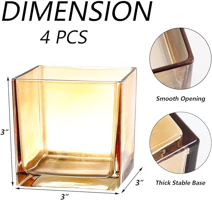Square Flower Vases Set of 4, 3"x 3"x 3" Glass Vases for Centerpieces, Amber Vase for Flowers, Small Vase for Wedding, Party, Home Office Decoration