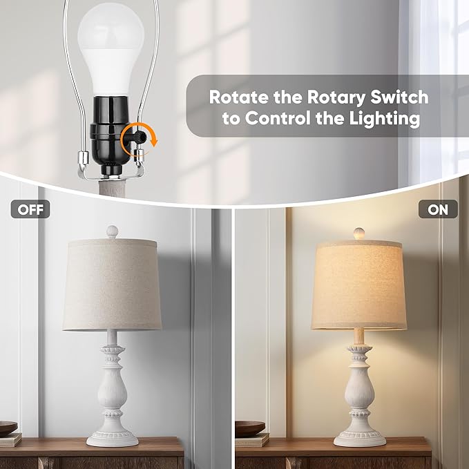 QiMH Farmhouse Table Lamp Set of 2, Rustic Table Lamps for Living Room, Vintage Nightstand Lamp with Rotary Switch, Beside Lamps for Bedroom, Traditional Table Lamps with Linen Shade, Antique White