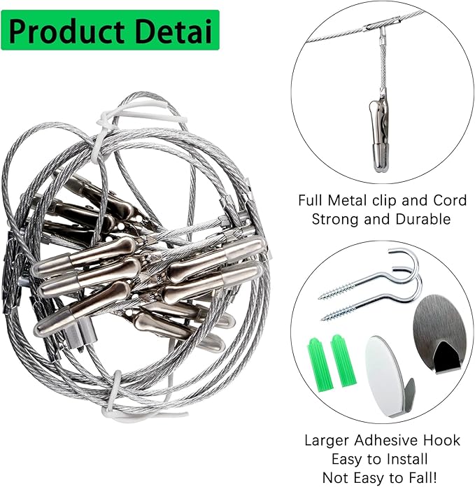 2 Pack Chain Photo Clip Hanging Photo Display Wall Photo Display Metal Photo String with 12 Clips Wall-Mounted Picture Holder for Hanging Painting Family Photos Artworks (Silver Color)