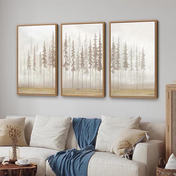SIGNINART Large Pine Tree Framed Canvas Wall Art Set, Foggy Forest Landscape Wall Decor, Modern Beige Nature Artwork, Misty Forest Wall Painting for Living Room, Bedroom,Office 16 x24 x3