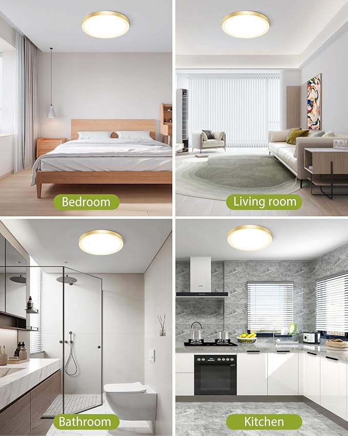 hepside 2PACK Flush Mount LED Ceiling Light Fixture Golden, 12Inch 28W, Dimmable 3000K-4500K-6000K 3 Color Selectable Ceiling Lamp 3200LM Low Profile Ceiling Light for Kitchen Bedroom Hallway