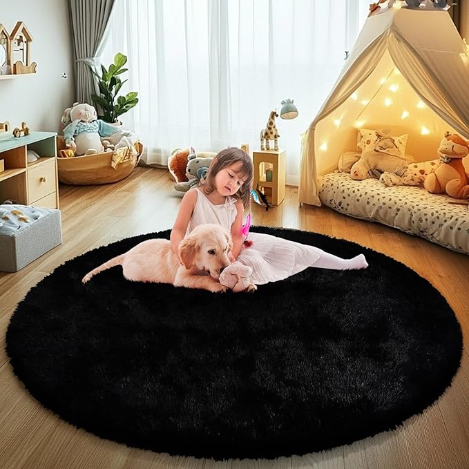 Black Fluffy Round Area Rugs for Bedroom,5'X5'Shag Circle Area Rugs for Living Room,Non Slip Fuzzy Plush Rug for Kids Room Boys Girls Room and Dorm Home Decor Rug