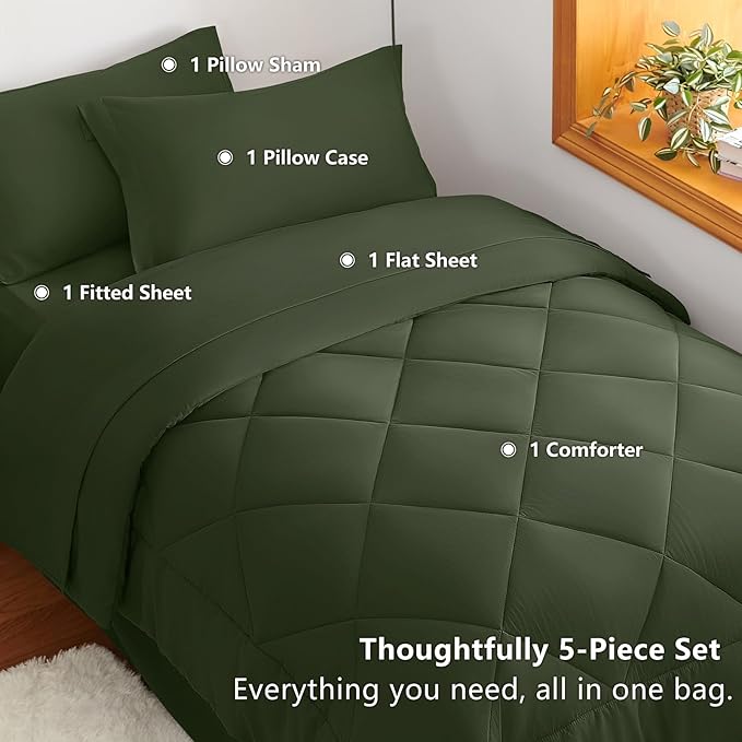 CozyLux Twin XL Comforter Set Olive Green - 5 Pieces Twin Extra Long Bed in a Bag for College Dorm, All Season Bedding Set for Girls and Boys, Soft Bed Set with Comforter, Sheets, Pillowcase & Sham
