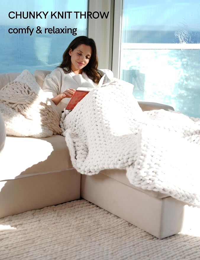 YnM Chunky Throw Blanket, Medium-Weight, Hand Knitted with Chenielle Yarn, Skin Friendly, Ventilated and Breathable, Machine Washable, Home Décor Piece for Couch, Sofa and Bed (White, 80x87 Inch)