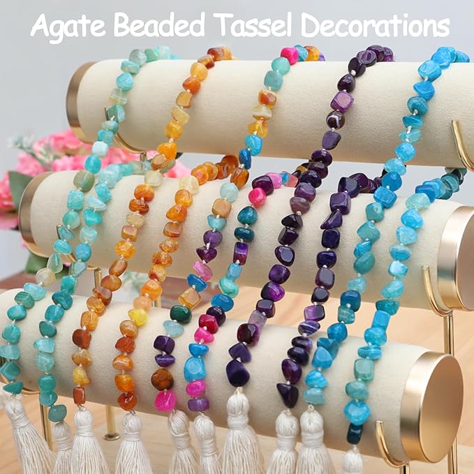 Agate Stone Hand Knotted Garland Modern Farmhouse Rustic Table Home Decor, 30inch Meditation Accessories with Tassel, Prayer Healing Beads Boho Wall Shelf Hanging Decoration (Deep Purple)