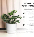 Elly Décor 12 inch Plastic Cylinder Planter Pot with Self-Watering Saucer and Drainage Hole,Lightweight & Extremely Durable, 12"x 12", White