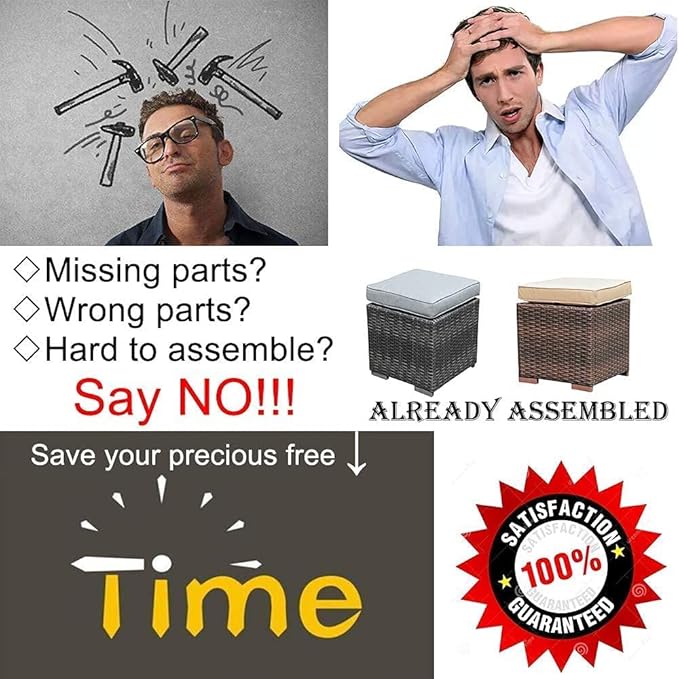 Patiorama 2 Pieces Assembled Outdoor Patio Ottoman, Indoor Outdoor All-Weather Dark Brown Wicker Rattan Outdoor Footstool Footrest Seat with Beige Cushions, No Assembly Required