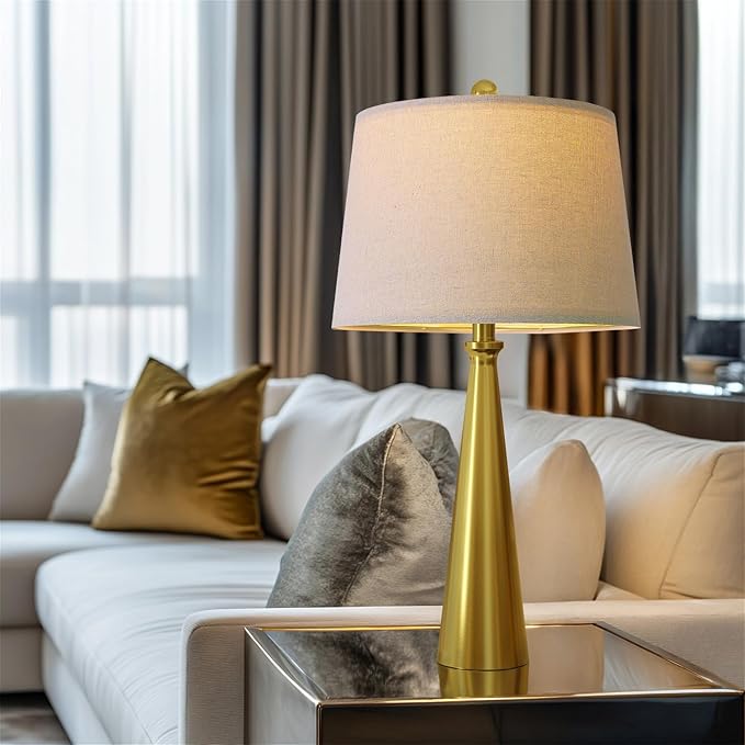 Oneach 25.75" Modern Table Lamp Set of 2, Bedside Lamps with USB Ports, Brass Gold Nightstand Lamps Set for Living Room Bedroom House Bedside Home Office Family