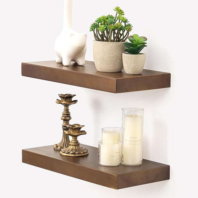 Marsmiles Floating Shelves for Wall - Small Wood Floating Shelves Set of 2-16 Inch Wide x 7.7 Inch Deep x 1.6 Inch Thick Dark Wood Shelves for Room Wall