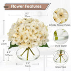 Hollyone Fall Hydrangea Artificial Flowers for Decoration with Glass Vase White Silk Fake Flower Arrangements with Faux Water Autumn Table Centerpiece Vase with Flowers Fall Decorations for Home