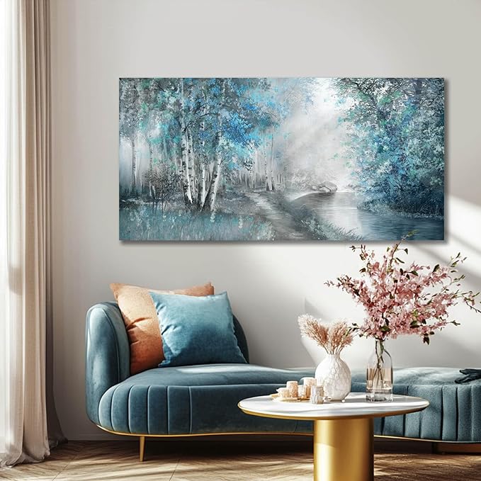 SOUGUAN Landscape Art Posters Blue Pictures Wall Decor Grey Forest Wall Prints Botanical Artwork for Dining Room Bedroom 20"x 40" Contemporary Wall Art