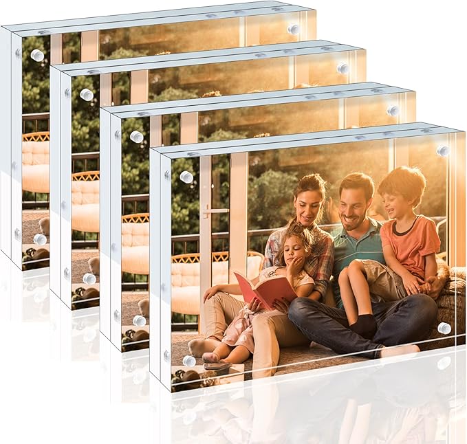 Egofine 4x6 Acrylic Frames 4 Pack, 20mm Thicker Frameless Clear Picture Frames, Double Sided Magnetic Picture Frames, Free Standing Desktop Display