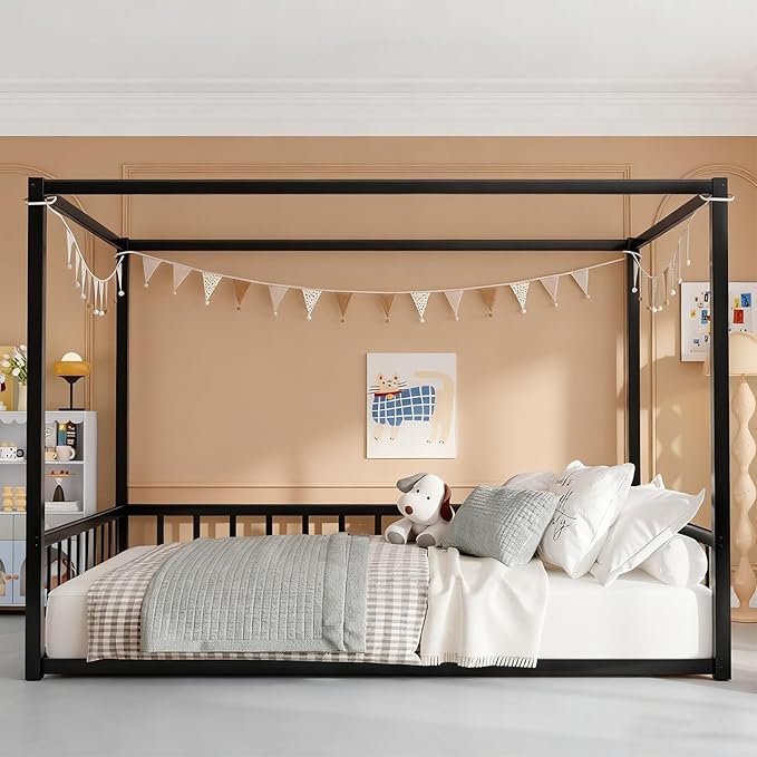 Canopy Floor Bed for Kids – Queen Size, Matte-Black Steel Frame with Safety Fence, Unisex Design for Boys & Girls, Box Spring Required, Quick Assembly (Queen)