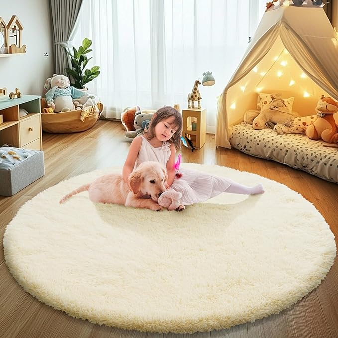 Fluffy Round Area Rugs for Bedroom,Ivory 6'X6'Shag Circle Area Rugs for Girls Room,Non Slip Fuzzy Plush Rug for Kids Room Living Room and Dorm Home Rug