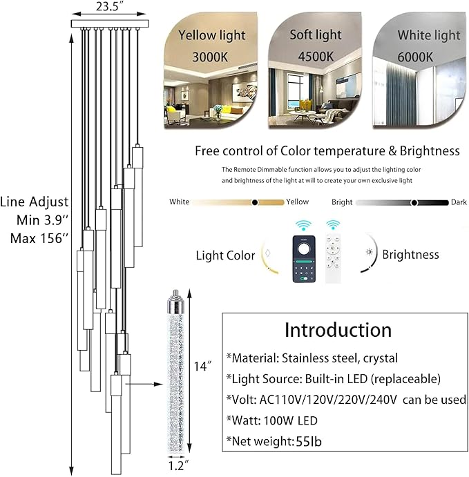 20-Lights Chandelier LED Dimmable Chandeliers for Entryway Flush Mount Ceiling Pendant Light Fixture Crystal Chandeliers for Living Room Chrome Finished Lighting Modern 156in High Ceiling Chandelier