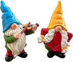 Garden Gnome Duo Decorative Figurines 5.5“ Ornament for Indoor Outdoor Home Garden Decor，Musical Violin Player and Dancing, Colorful Outdoor Statues, Set of 2