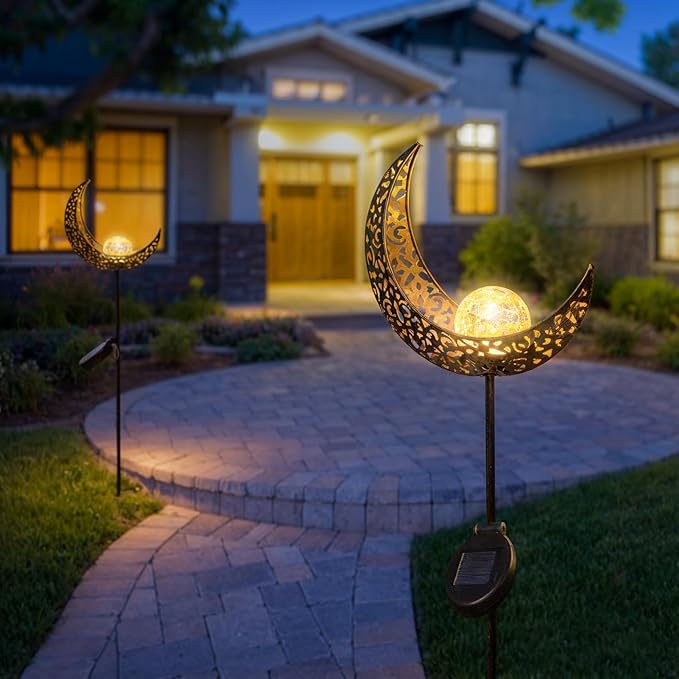 2Pack Moon Garden Solar Lights Outdoor Stakes Waterproof, Gifts for Mom, Crackle Glass Patio, Backyard Decorations, Balcony Lawn Ornaments, for Women Men Grandma (Bronze)