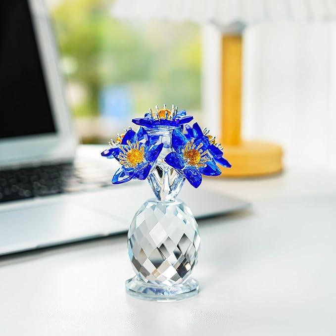Blue Crystal Flower Figurine Collectibles Crystal Flower Christmas Ornament for Home Decor Table Centerpiece Glass Bouquet Flowers Keepsake for Women