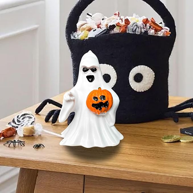 1 Pcs Halloween Ghost Figurine Decor with Pumpkin Cute Resin Ghost Statue, Funny White Sculpture Ghost Decor for Spooky Halloween Home Mantel Tabletop Decorations Indoor