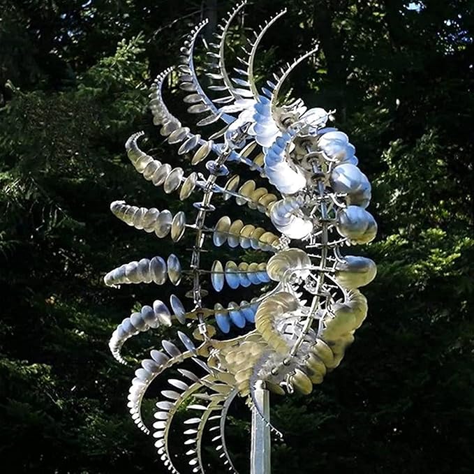 Unique and Magical Metal Windmill, 3D Wind Powered Kinetic Sculpture, Metal Wind Spinner Solar, Wind Spinners for Yard and Garden, Wind Catchers Metal Outdoor Patio Decoration (2 PCS -Silver)