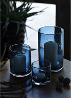 ARIAMOTION Blue Candle Holder for Pillar Set 3 Modern Glass Bubbles Hurricane Cylinder Vases Table centerpieces Home Decor Tabletop Kitchen Island Dining Room Coffee Bar 8" 5" 3.5" Height