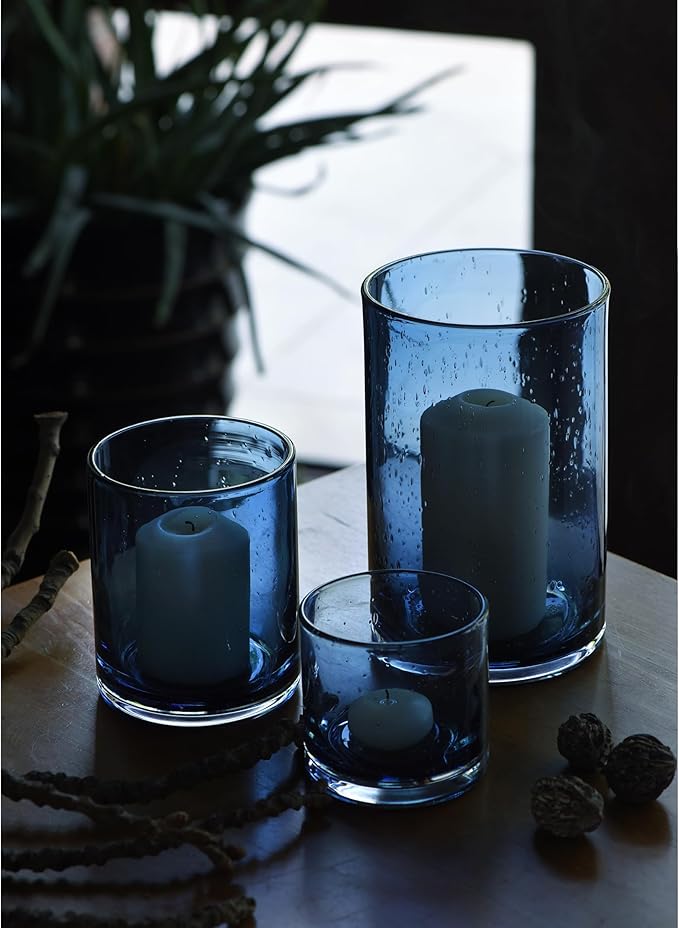 ARIAMOTION Blue Candle Holder for Pillar Set 3 Modern Glass Bubbles Hurricane Cylinder Vases Table centerpieces Home Decor Tabletop Kitchen Island Dining Room Coffee Bar 8" 5" 3.5" Height