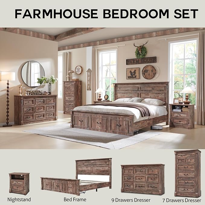 26" Tall Nightstand with Charging Station, Farmhouse 23.6" Wide Large End Table w/Roman Column, Wood Rustic Side Table w/Open Shelf, 2 Drawers Dresser for Bedroom, Living Room, Light Brown