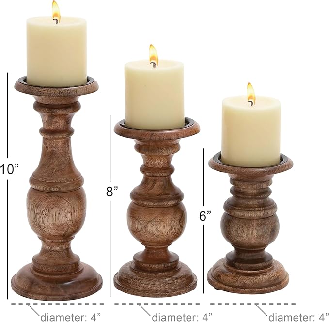 Deco 79 Mango Wood Decorative Candle Holder Turned Style Pillar Candle Stand, Set of 3 Candlestick Holder 10",8",6"H, Brown