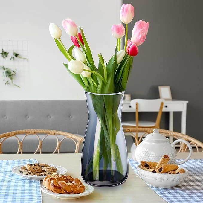 Thenshop 10 Pcs 8'' Tall Clear Flower Vase Wide Mouth Crystal Glass Boho Decorative for Centerpieces Bulk Tall Vase for Flower Bouquets Rustic Home Decor Wedding Housewarming Gift (Smoke Grey)