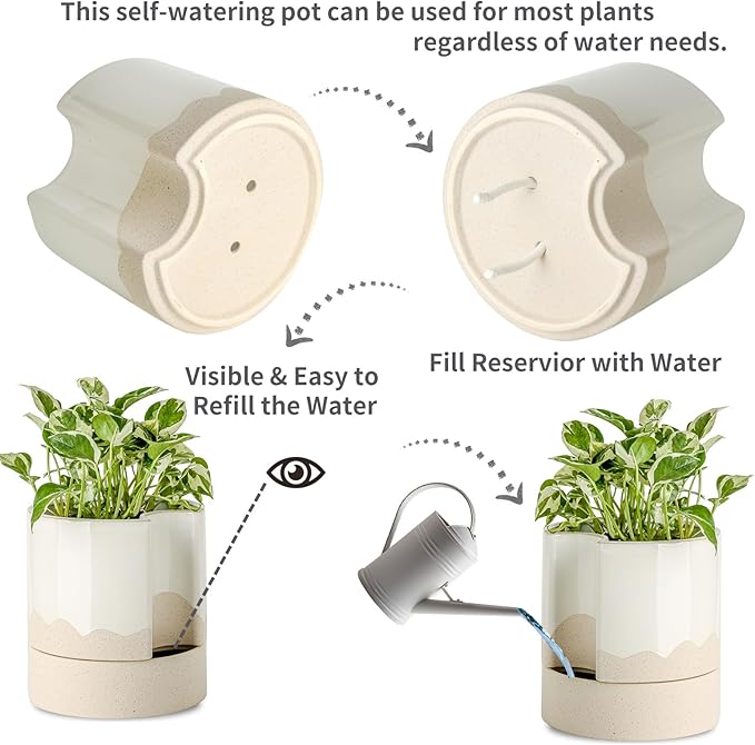 Nihow Self Watering Plant Pot: 8 Inch Ceramic Planter with Drainage Hole & Water Storage Plus for Indoor & Outdoor Plants - Cylinder Round Flower Pot for Succulent/Herbs/Violets - White & Wave Nature