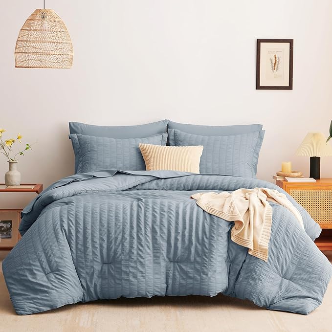 CozyLux Grayish Blue Queen Comforter Set Seersucker 7 Pieces Dusty Blue Bed in a Bag Queen Comforter Set with Sheets, Luxury Bedding Set with Down Alternative Comforter, Sheets, Pillowcases & Shams